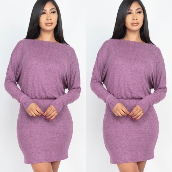 NEW TRENDY FALL ORCHID TWO WAY SHOULDER STYLE LONG SLEEVE MINI DRESS - Picture 1 of 4